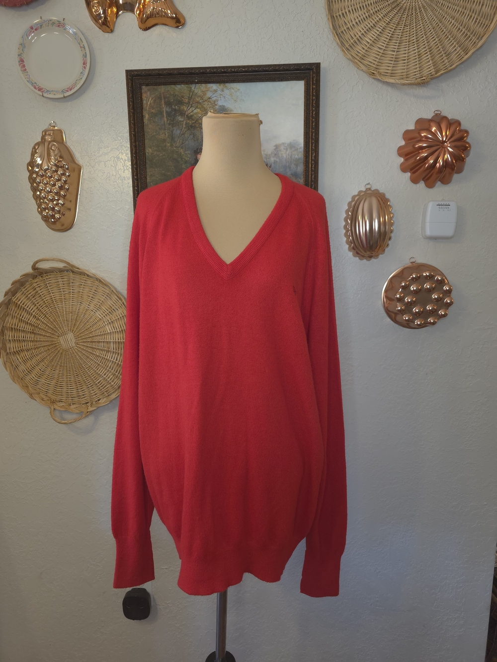 Vintage Christian Dior Red V-Neck Sweater Men’s Large Orlon Acrylic Made in USA